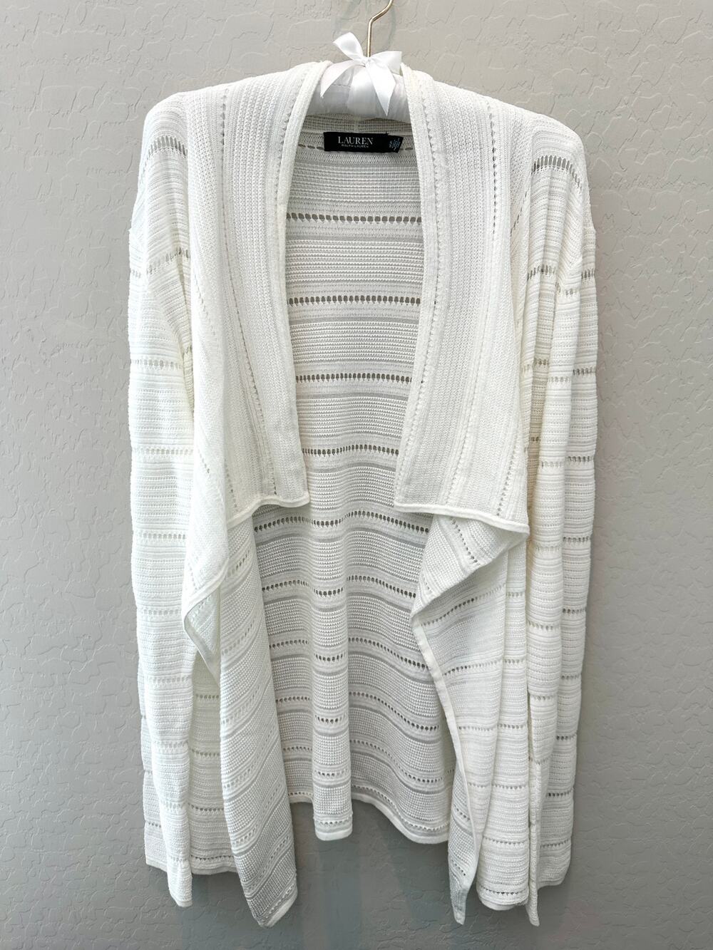 RALPH LAUREN Pointelle Knit Cardigan Sweater White Open Front Waterfall XL